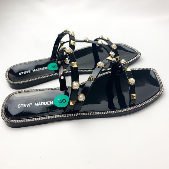 NEW Steve Madden jellah black gold stud pearl detail square toe sandal 8 - Picture 5 of 6